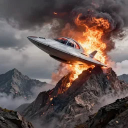 UFO Jetsons flying saucer crashed into the side of a mountain and burning