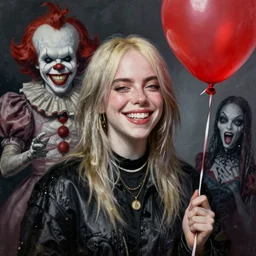 grunge painting of billie eilish with a wide smile and a red balloon by chris leib, loony toons style, pennywise style, corpse bride style, horror theme, detailed, elegant, intricate