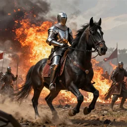 medieval knight on black percheron, battlefield, fire, highly detailed, digital painting, artstation, concept art, sharp focus, illustration, frazetta, aleksi briclot, rutkowski