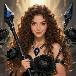 ana de armas as a young female mythical magical tribal warrior girl, goddess of obsidian diamonds and black peonies, with long curly, hazelnut hair, perfectly proportioned face, brown eyes, sweet smile, strong jawline, natural lighting, path traced, god rays, highly detailed, art nouveau, high quality, cartoon, digital painting, by new haicheng studio ghibli and riccardo federici and alphonse mucha bouguereau and donato giancola