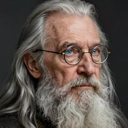face portrait of a very old wizard with long silver hair and beard and light blue eyes, small half - moon glasses and a long crooked nose, highly detailed, digital painting
