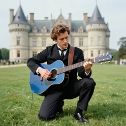 vintage photograph of count orlok crouched on the lawn outside his castle, playing the blues on guitar, 4 k