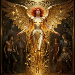 ascending dark full body redhead goddess angel, madison beer, intricate armor, highly detailed, glowing, action pose, cinematic, art deco, gold filigree, ethereal, alfonso mucha, zdzisław beksinski, andrei ryabovichev, shaun tan, chriss foss, peter mohrbacher, 4 k