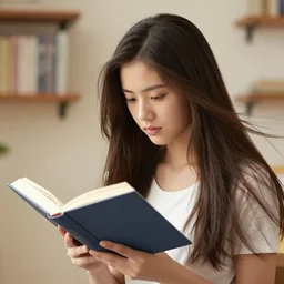 a girl reading book, hair flowing down, high resolution, 4K, photo realistic