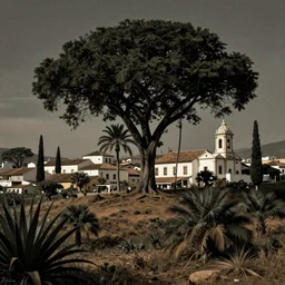 an italian town on a hill, in the midst of the desert of brazil. italian architecture, huge tropical trees, dark, atmospheric, palms, cypresses, gustave dore 1 8 6 5