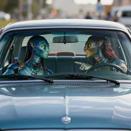 a stunning ultra detailed fine art photo of front view of car's windshield with a cyborg driver and na'vi passenger arguing inside, by tom bagshaw and artgerm, artstation, 8 k, cinematography by roger deakins and caleb deschanel, deep depth of field, highly coherent, front view of the car, action movie