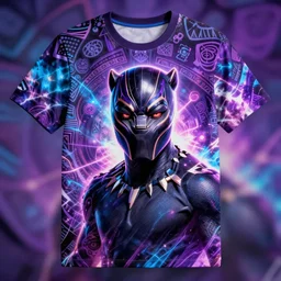 a t shirt all over print, portrait of black panther, trippy tribal background, neon purple and blue glow, tie dye, one piece art style, cartoon, anime, digital art