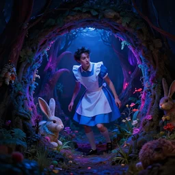 dark colourful neon, a young man who is trapped in a dream, down a rabbit hole like alice in wonderland