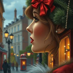 closeup profile portrait of victorian london streets, nicoletta ceccoli, mark ryden, lostfish, max fleischer, hyper realistic, artstation, illustration, digital paint, matte paint, vivid colors, bright, cheerful, detailed and intricate christmas environment