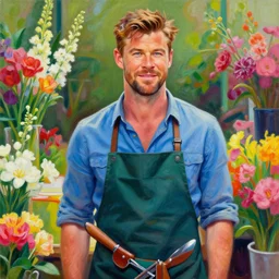 chris hemsworth as a florist, vivid colors, photorealistic painting by mandy jurgens, trending on artstation, photorealism, detailed painting, behance hd, hyper realism
