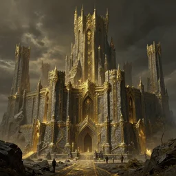 an arcane fortress, magical and powerful, stone brick, laced with gold, landscape art, mindblowing, concept art, matte, illustration, ominous, magical, dnd, 4 k uhd, very detailed