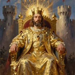 HD painting of a king sitting on a throne in his castle volumetric lighting photorealistic oil painting