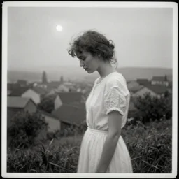 a double exposure of a beautiful side view portrait from above of a solemn young woman looking down, apparition, ghostly, white dress, motion blur, shaking head, with a landscape photo of a misty old village, muted tones, dappled moonlight, scratched photo, damaged edges, old, black and white damaged photo, 1 9 4 0 s