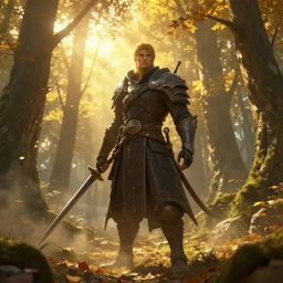 A highly detailed 4K fantasy matte painting of Artorias from Dark Souls in a forest during the golden hour in autumn, volumetric sun rays and dust, Thomas Kinkade, ArtStation, CGSociety, Unreal Engine