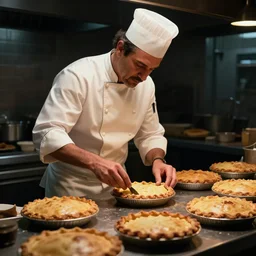a chef cooking pies, dramatic lighting, cinematic, establishing shot, extremely high detail, photo realistic, cinematic lighting, post processed, concept art, artstation, matte painting, style by eddie mendoza, raphael lacoste, alex ross