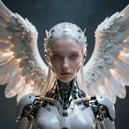 ultra detailed portrait of a futuristic cybernetic angel with glowing robotic wings, front view, by tom bagshaw and anna dittman, perfect eyes and face, biomechanical robot, deep depth of field, artstation, 8 k
