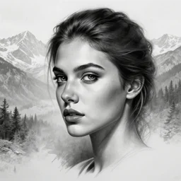 tattoo design sketch of a perfect woman face with a faded background of beautiful mountains and nature on her side, hyper - realistic, in the style of den yakovlev, amazing detail, black and white