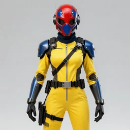 red blue robot cop ninja mask helmet metalgear solidsnake pose yellow suit swat heros illustration character design concept the phantom pain cosplay sniper wolf by artist dayer diego and kojima and aramaki shinji by konami, unreal 5, daz, hyperrealistic, corona render, global illumination ray tracing hdr by james jean and katsuhiro otomo and erik jones, inspired by evangeleon anime, smooth face feature, intricate oil painting, high detail illustration, sharp high detail