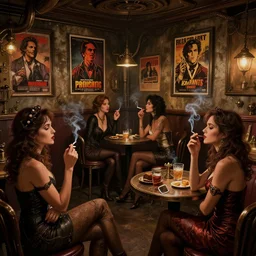 women in the interior of a steampunk pub, Greg Rutkowski, Milo Manara, night time, smoking cigarettes, party hard, highly detailed, Quentin Tarantino movie posters, pulp fiction, level design, concept art, artstation, cgsociety, zenith view