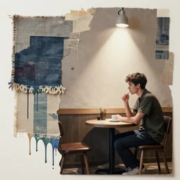 a person sitting in a cafe, side portrait, passionate, spotlight, dramatic, paint drips, textiles, collage, mixed media, paint splatter, scraps, vibrant colors, futuristic clothing, beautiful eyes, broken glass, by marco paludet, by jeremy mann, by hannah hoch