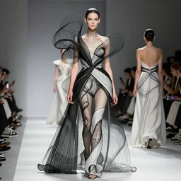 surrealistic modernist fashion show by david plunkert and vogue couture illustrators : : hd, 8 k, deep focus, intricate lines, abstract, concept art, houdini, substance 3 d, quixel megascans, gallery lighting