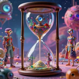 vibrant utopian Galaxy, raf simons fashion couture, intricately detailed tiny humanoid inside an hourglass in the style of Emiliano Ponzi and  Chris Ware, futuristic 1990s contemporary art, sci-fi,eye glass, inside view, humanoid pov, intricate artwork by Tooth Wu and wlop and beeple, octane render, trending on artstation, greg rutkowski very coherent symmetrical artwork, depth field, unreal engine, cinematic, hyper realism, high detail, octane cinema 4D render, A24 cinematography, 8k