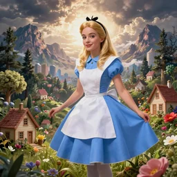 giant alice in wonderland, pin up, houses, trees, mountains, woman, city, digital art, photo, blue dress, photoshop, flowers