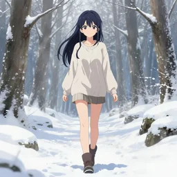 full - body anime girl walking through very scenic snowy forest, upper - body beautiful extremely detailed illustration, stunning face and eyes, pretty, by tomoyuki yamasaki, kyoto studio pixiv gelbooru danbooru