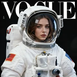 portrait of an astronaut girl in Badolato (south Italy), Vogue magazine style, photograph