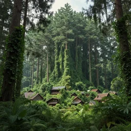 Hideen village in the forest, tall pine trees, overgrown, lush plants, vines hanging down, massive scale, trending on Artstation, By James Jean, Peter Mohrbacher and Marc Simonetti