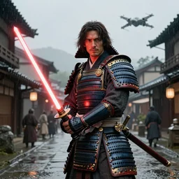 handsome man looking like keanue reeves wearing samurai armor with a jedi lasersword in his hands on a street in a japanese village from 19th century in a star wars style, a x-wing is flying in the sky, rainy day, highly detailed, very highly detailed, 4k, photorealistic