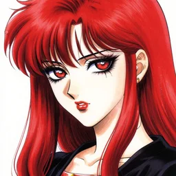 highly detailed professional portrait of 9 0 s seinen manga art of goth woman with red hair, black makeup, and red eyes. chunibyo. drawn by