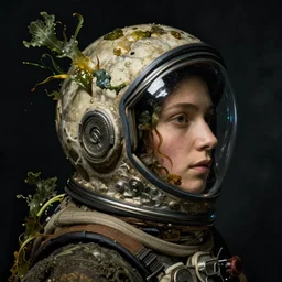 a woman's face in profile, wearing a space helmet of floating seaweed, in the style of the dutch masters and gregory crewdson, dark and moody