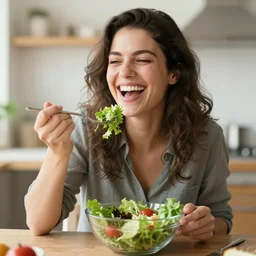 a woman eating salad and laughing