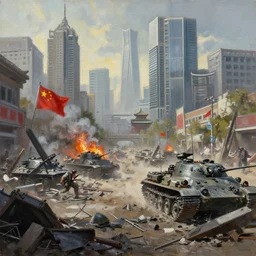 painting of a war zone in beijing, china, world war 3, modern city, unreal engine 5,
