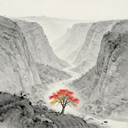 an epic beautiful monochromatic valley landscape by yang yongliang, a single colorful tree by james jean