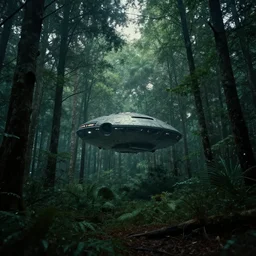 an alien ship in the middle of the forest, cinematic composition, cinematic, atmospheric lighting