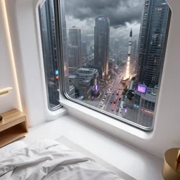 high angle close up photography looking down at a corner of a futuristic confy white bedroom, sheets lying in the floor against a corner window, with some wood and gold details and a huge futuristic single sheet glass window overlooking blade runner 2 0 4 9 city architecture, space x starship rocket launch site, environmental lighting, stormy weather, ray tracing, amazing view, highly detailed, heavy traffic, neon shops, octane render, unreal engine 5, 4 k