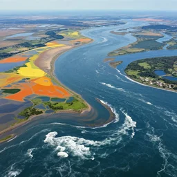 wide shot 7 0 mm lens, photo of river delta and sea waves by hiroshi yoshida, roger deakins, turner, rothko, full height fluid simulation in houdini, hyperrealism, highlands, matte painting, unknown pleasures, top view, graphic design, trending on artstation, 8 k very high detail, concept art, rendered in octane, 7 0 mm lens