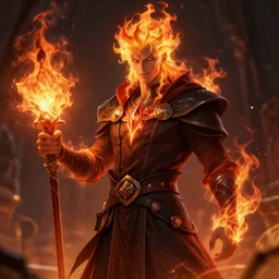 fire genassi sorcerer, fire hair, dark robes, character art, D&D, high detail
