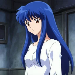 late 7 0's anime movie still : : dystopian interior art : : long blue haired robot science woman researcher : : somber far future cables lab background : : watching seriously
