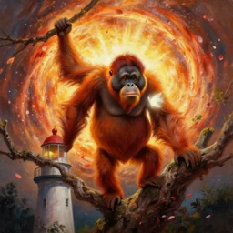 orange orangutan climbing on lighthouse as on tree, hydro explosion, radiant light, vortex of plum petals, oil painting, tooth wu, greg rutkowski, rpg portrait, dynamic lighting, fantasy art, high contrast, depth of field