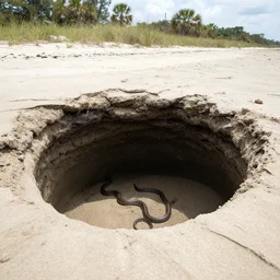 deep dark hole on a sandy mississippi beach that has a few snakes crawling out of it, no trees no palm trees, no rocks.