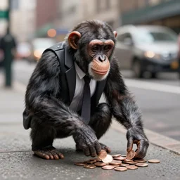 a 5 0 mm photo of a chimpanzee in a business suit picking up pennies on a street in manhattan, hyperrealistic