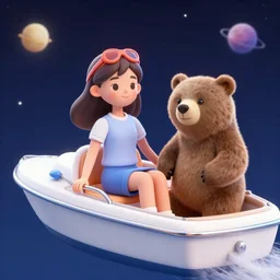 a girl and a bear on a motorboat in space, vibrant lighting, elegant, highly detailed, smooth, sharp focus, illustration, beautiful, geometric, trending on artstation, full body, cinematic, artwork by borovikovsky