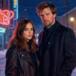 winter, colin farrell with jessica alba girl, neon light, painting by gaston bussiere, craig mullins, j. c. leyendecker