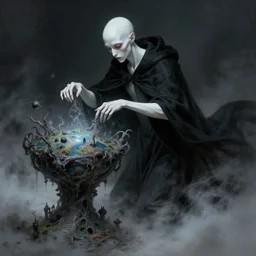 a humanoid creature with pale white skin and a gaunt face. the creature is bald. the god of imagination. it is wearing a black flowing cloak that looks like mist. it is crafting an imaginary world. cosmic horror. art by peter mohrbacher.