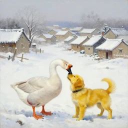 a big mean goose bites a yellow dog, chinese village, snow and winter oil painting. by wenjun lin ， tony sandoval