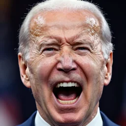 extreme closeup portrait of 3 2 foot tall joe biden opening his mouth and screaming angrily and hungrily