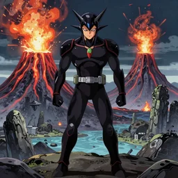 The Dark Guyver Battles Kaiju On An Alien Planet With A Volcano Erupting In The Background,Full Figure,s Yasushi Nirasawa Cartoon Anime Style